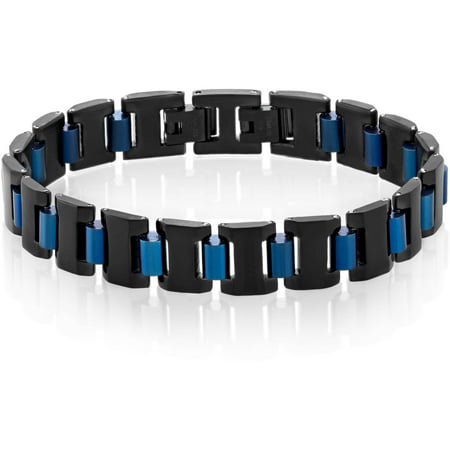 Crucible Black and Blue IP Dual-Finish Stainless Steel Cylinder Link Bracelet (13mm), 8.5