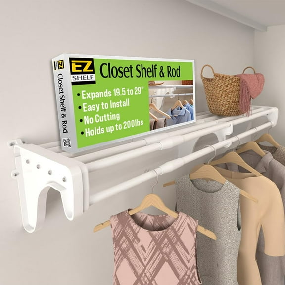 EZ Shelf DIY Expandable Closet Shelf & Rod - 18.5" - 28" - White - Mounts to 1 Sidewall and Backwall with 1 End Bracket - Easy to Install - Strong - Wire Shelving Alternative - Shelf & Hanging Rod