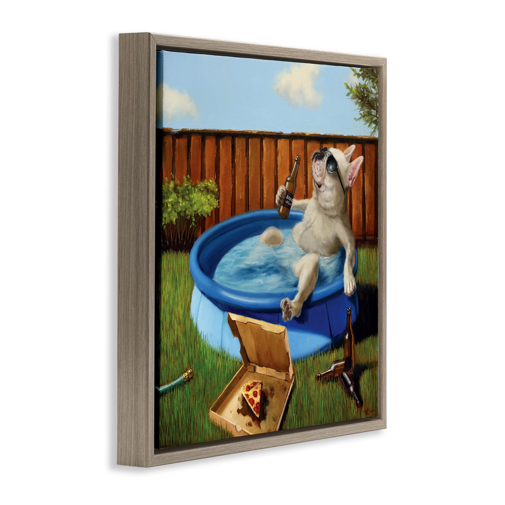 Stupell Industries Dog Drinking in Summer Pool Animals & Insects Painting Brown Floater Framed Canvas Art Print Wall Art, 18 x 18