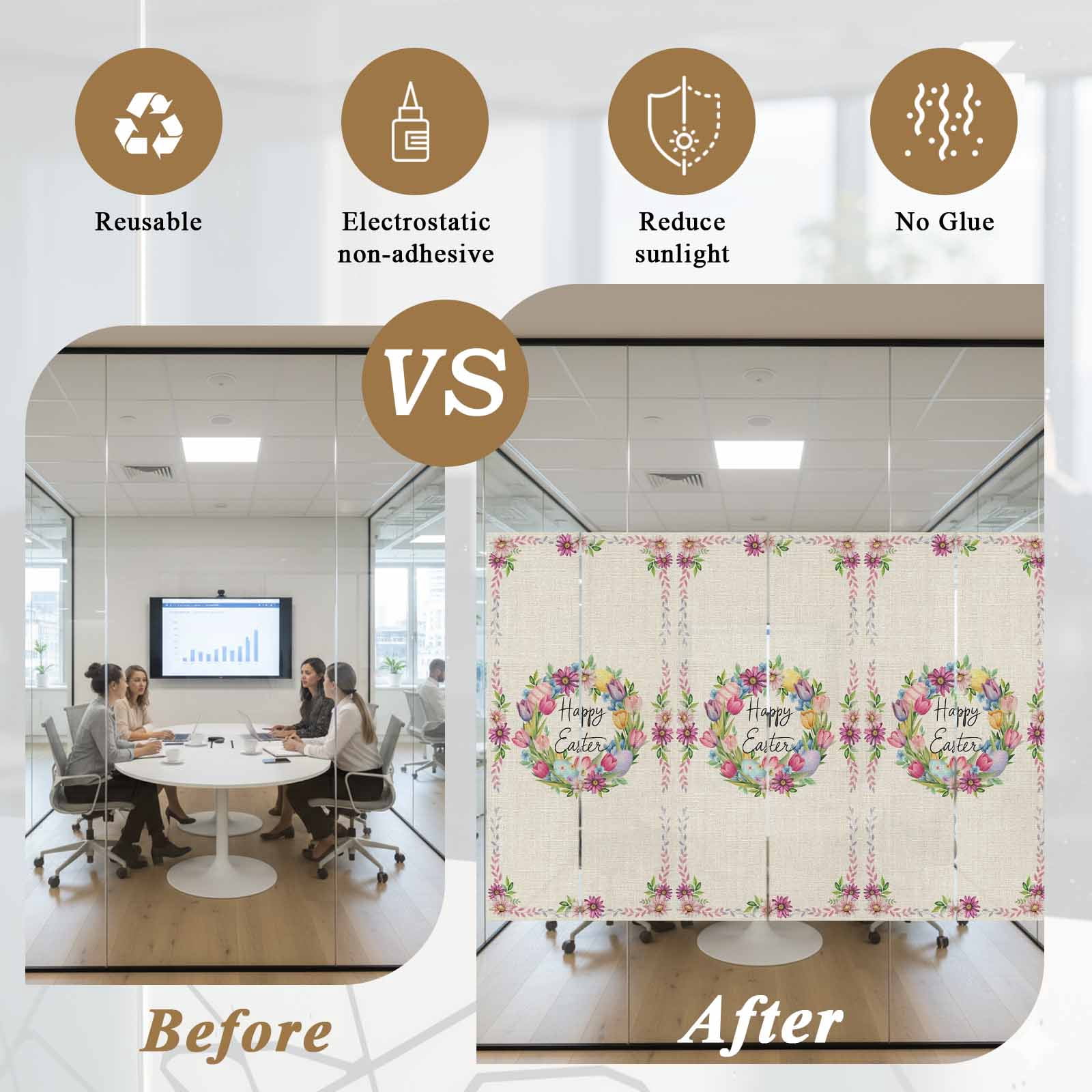 Flower Window Privacy Film, Floral Ring Pink Daisy Tulips Color Egg Spring Linen Texture Frosted Glass Window Clings Static Cling Heat Blocking Reusable Door Sticker for Bedroom 35.4x78.7 Inch