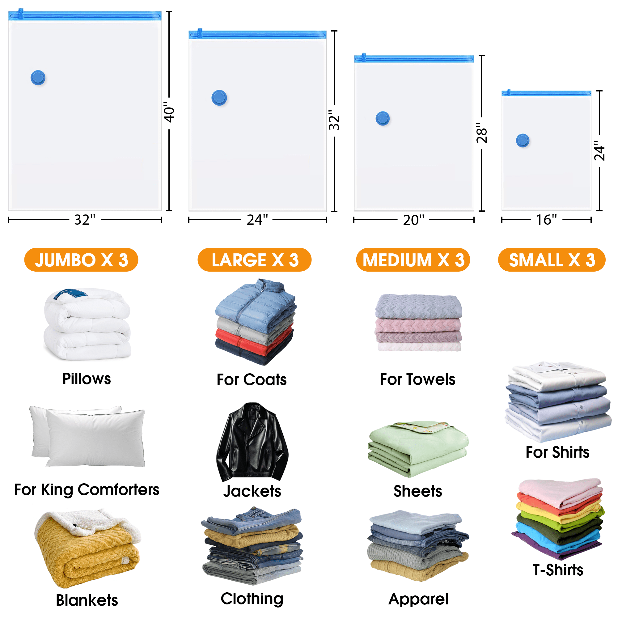 GARITIN Vacuum Storage Bags, 12 Pack Space Saver Bags for Clothes with Hand Pump, 4 Sizes Small Medium Large Jumbo for Clothing, Bedding, Pillows