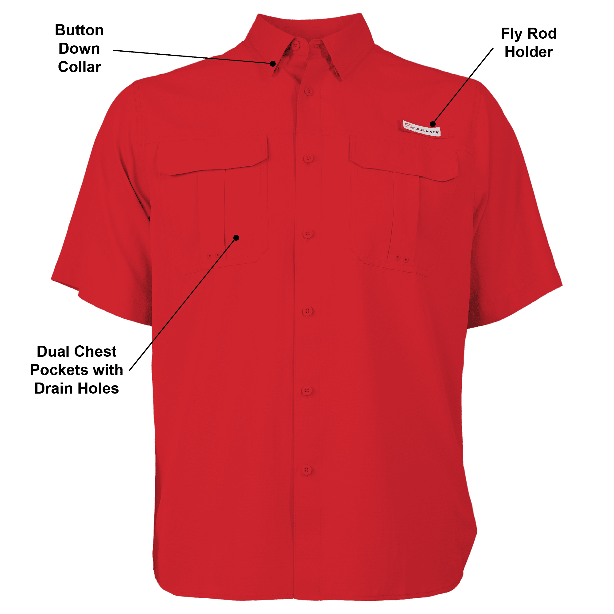 Kings River Men's Short Sleeve Fishing Guide Shirt, Red, Size Large