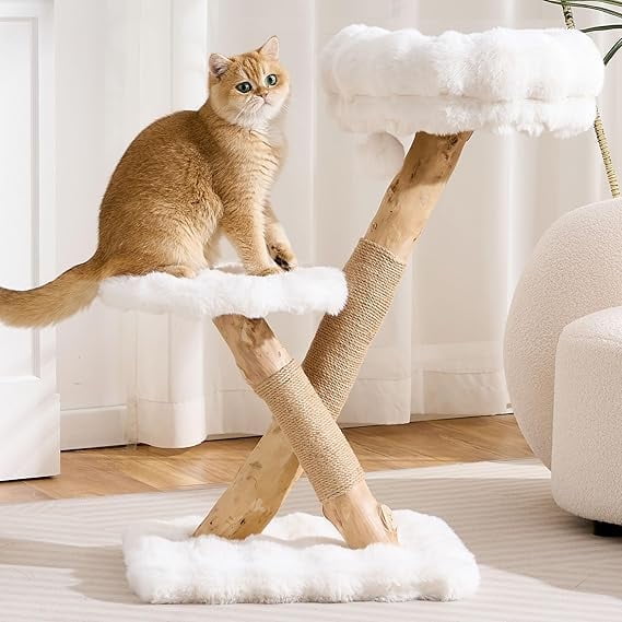 HITTITE Natural Solid Wood Cat Tree Tower with Scratching Post, 32 Inches Tall Modern Cat Tower with Cozy Bed and Platforms, Luxury Real Branch Cat Tree for Indoor Cats Large Adult, White.