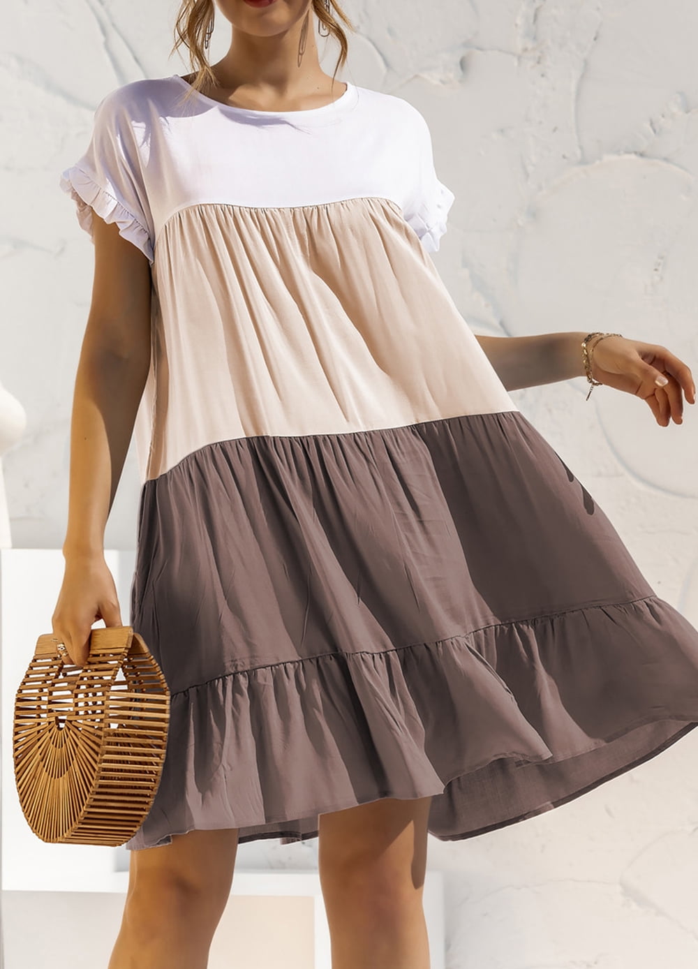 Mengpipi Women Summer Casual Ruffles Dress Color Block Short Sleeve
