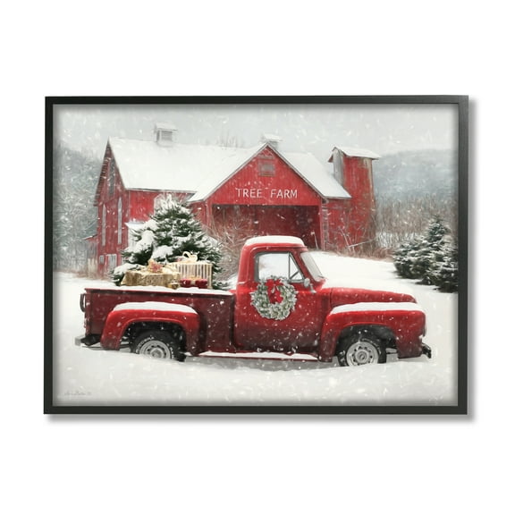 Tree Farm Red Truck Wintery Snow Flurries Transportation Painting Framed Art Print Wall Art