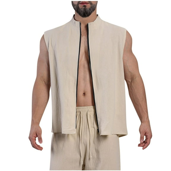 AHTJRT Men's Stylish Comfy Casual Sleeveless Zip Up Cotton Linen Vest High Neck Lightweight Breathable Everyday Wear Layering Shirt Beige M