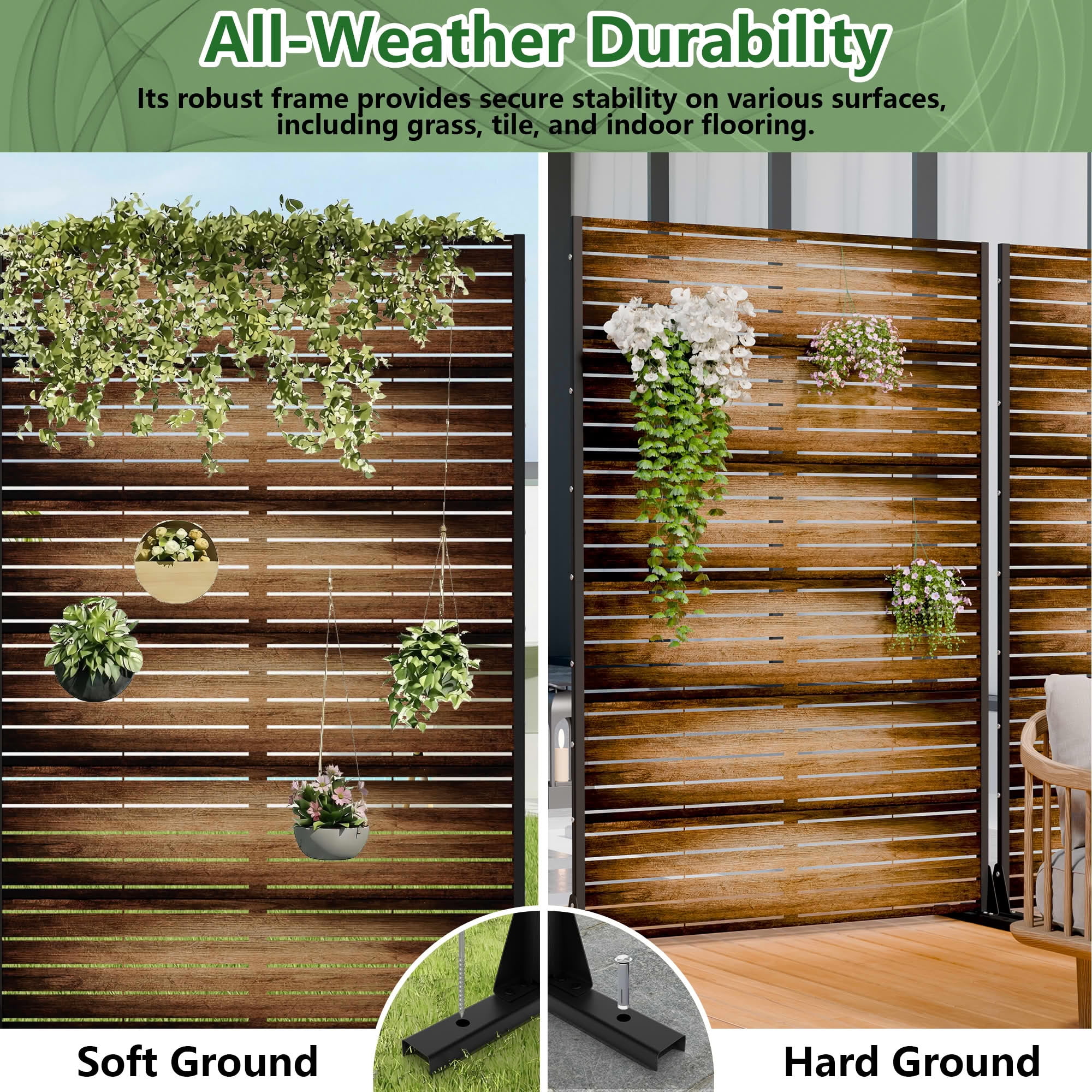 MAYEERTY 2-Piece Outdoor Metal Privacy Screen 6ft × 4ft Dark Brown, 6-Panel Wood Grain Louvered, Weatherproof for Patio