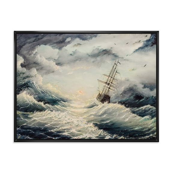 Designart 'Ship Struggles With The Sea Storm' Nautical & Coastal Framed Canvas Wall Art Print