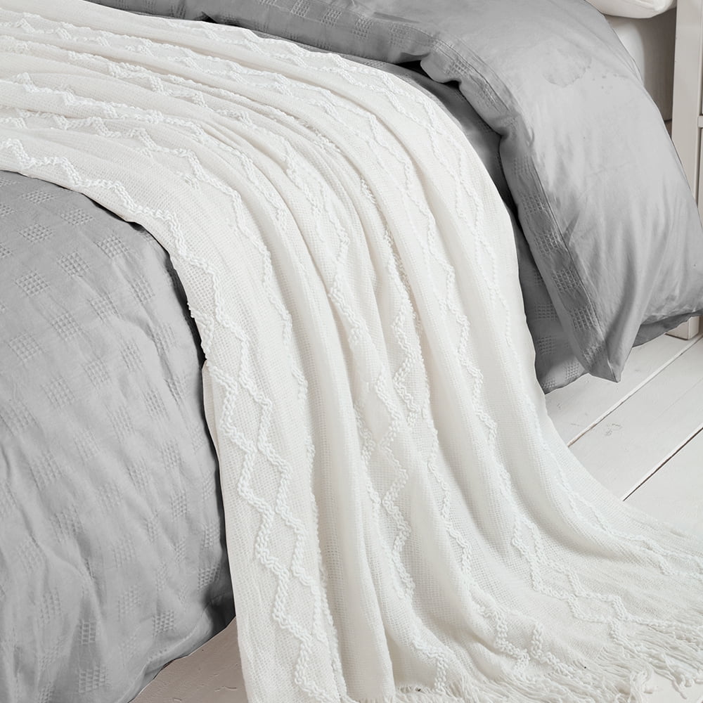 Bourina Fluffy Chenille Knitted Fringe Throw Blanket, Lightweight Soft Cozy Bed Sofa Chair Blanket, White, 50" x 60"