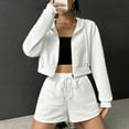 thumbnail image 4 of Usmixi Womens 2 Piece Outfits Front Zip Hooded Coat 2 Piece Sets Casual Solid Drawstring Elastic Waist Shorts Outfits Sets Sports Running Lounge Sets Tracksuits Sets with Pocket Fall Saving, 4 of 7