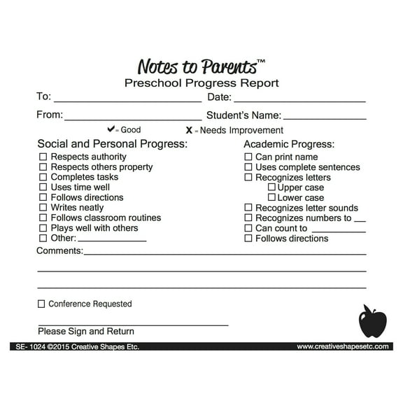 SHAPES ETC. Preschool Progress Report - Notes to Parents