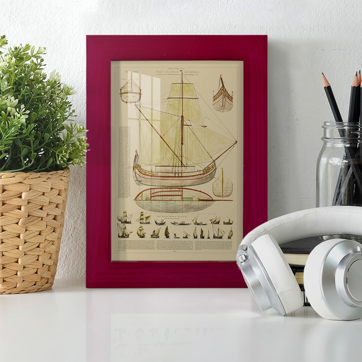 Antique Ship Plan I -Framed Print w/glass-Cherry Red