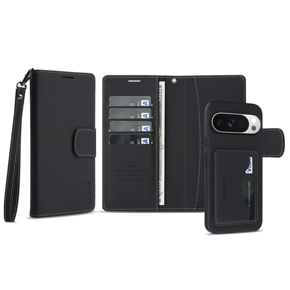 Dteck Detachable Magnetic RFID Blocking PU Leather Wallet Cell Phone Case with Wrist Strap for Google Pixel 10 Pro XL,Black