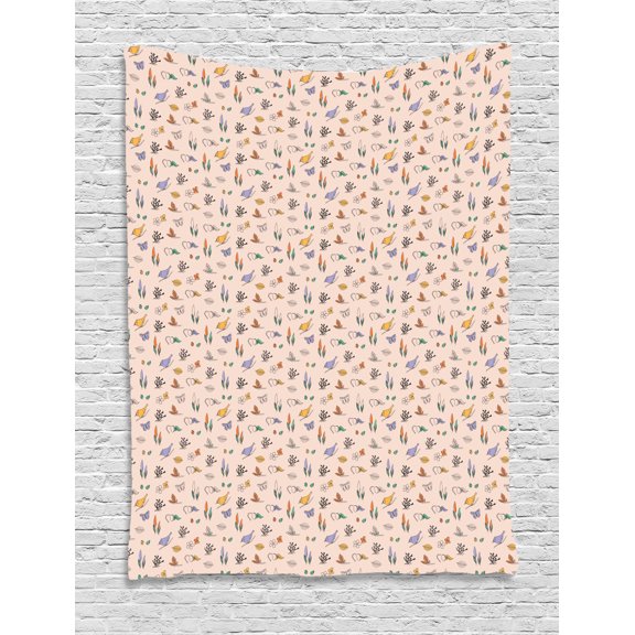 Spring Tapestry, Hand-Drawn Colorful Sketch of Nature Figures as Reviving Sprouts Birds and Ladybugs, Wall Hanging for Bedroom Living Room Dorm Decor, 60W X 80L Inches, Multicolor, by Ambesonne