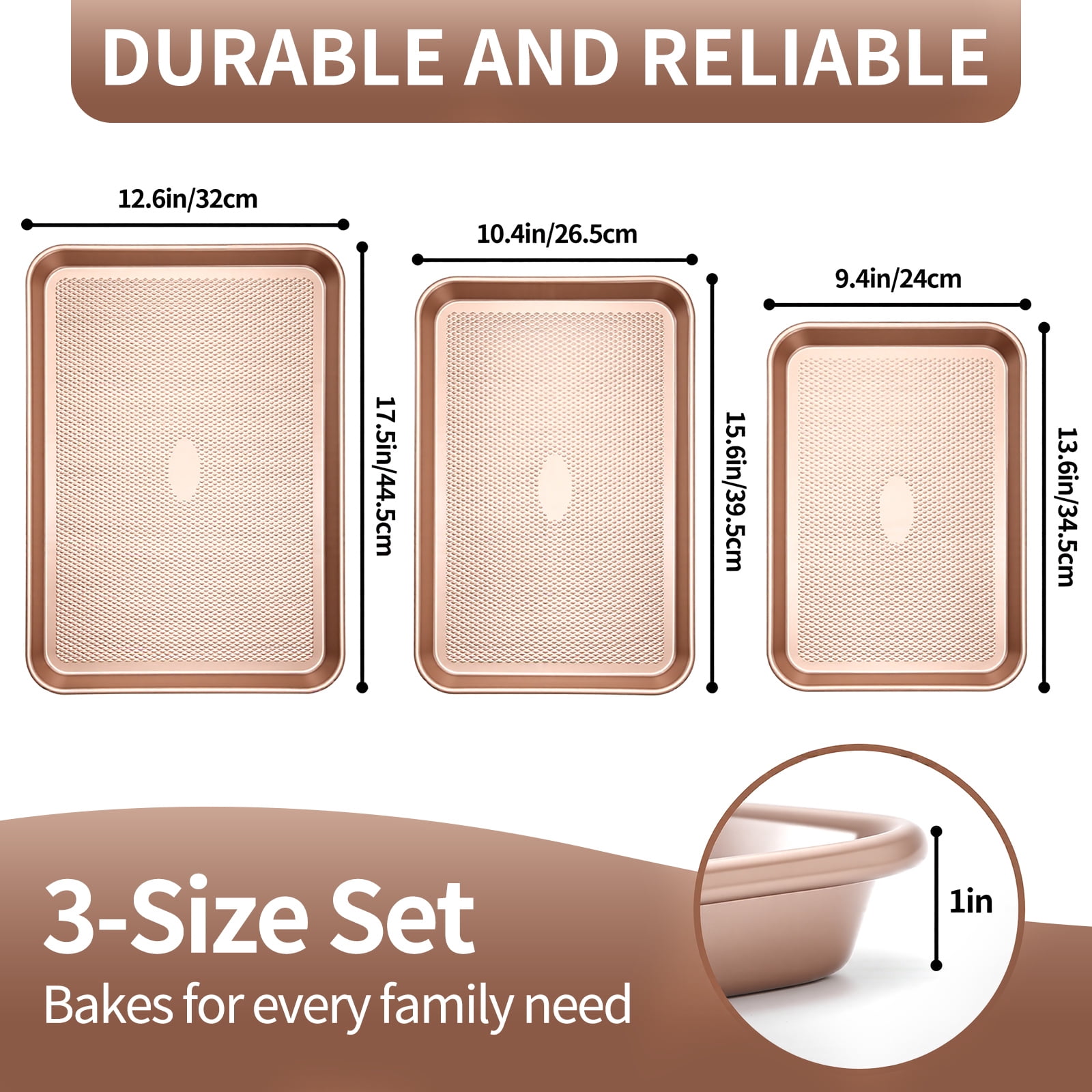 Baking Sheet Set, Nonstick Diamond-Texture Carbon Steel, Stackable, Easy Clean, Champagne Gold, 3-Piece, Up to 12.6x17.5 Inches