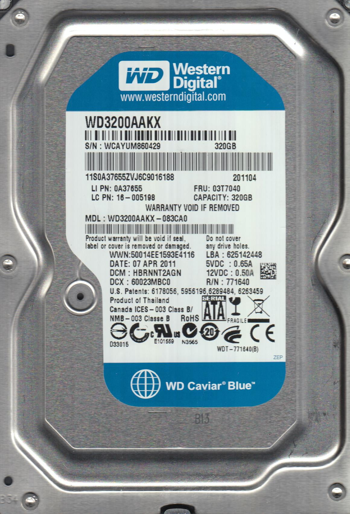 WD3200AAKX-083CA0, DCM HBRNNT2AGN, Western Digital 320GB SATA 3.5 Hard ...