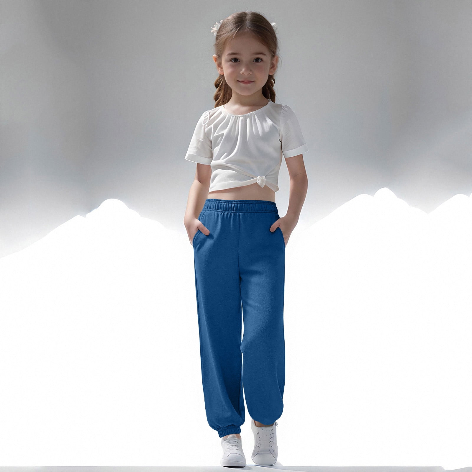 Floleo Girls Spring and Summer Pants Solid Color Straight Leg Ankle High Waisted Sports Pants Casual Comfortable Breathable Versatile for Daily Use Weekend Vacation Outdoor Sports(Blue 5 Years)