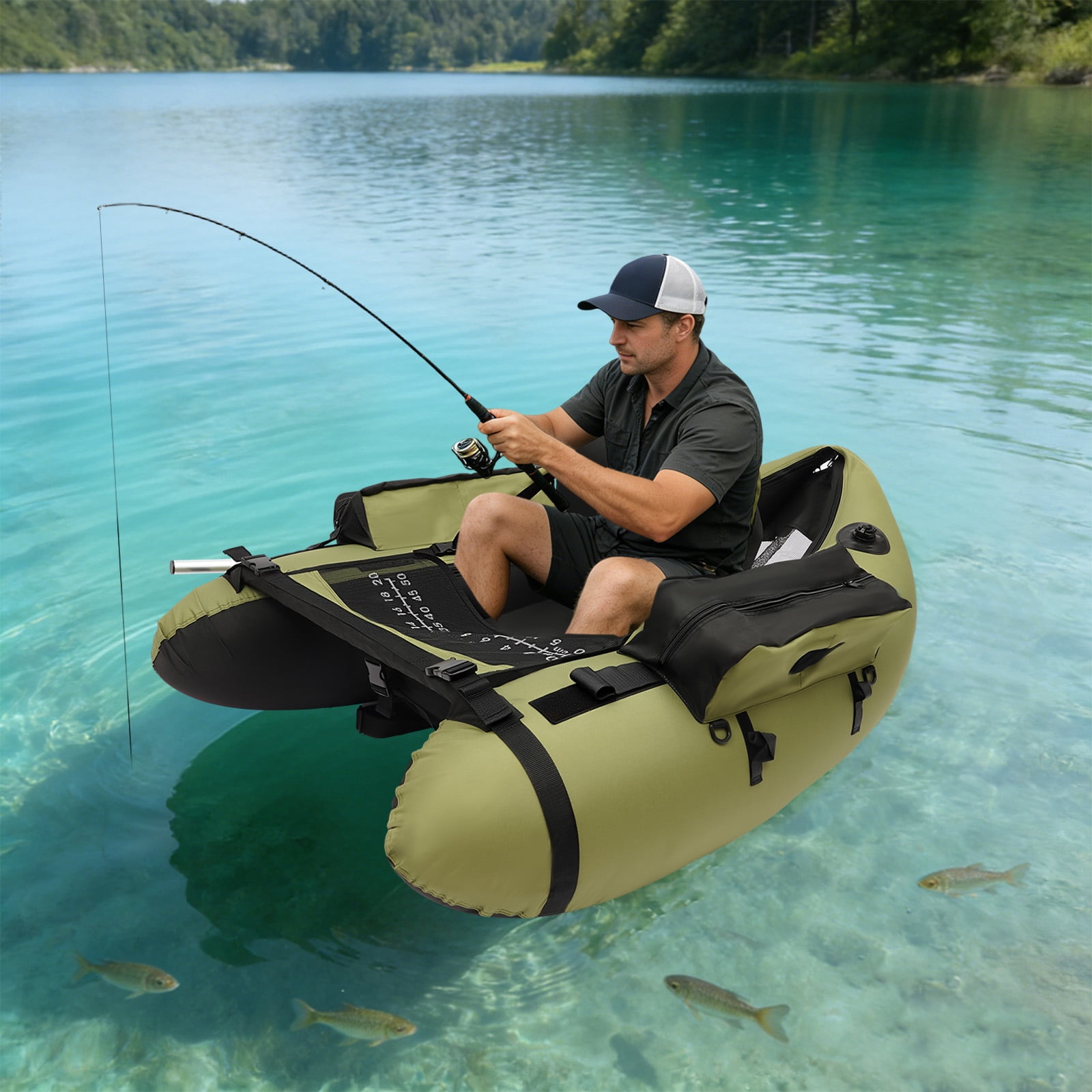 Inflatable Fishing Boat, Waterproof Oxford Cloth Boat with Adjustable Backrest, Foldable Floating Raft for Lake River Ocean Fishing Rafting