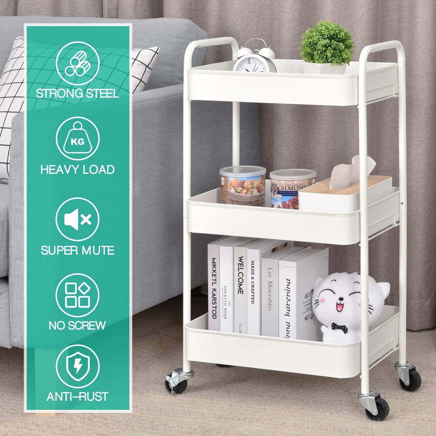 KK KINGRACK 3-Tier Rolling Cart, Metal Utility Cart with Wheels ,Office School Organizer, White