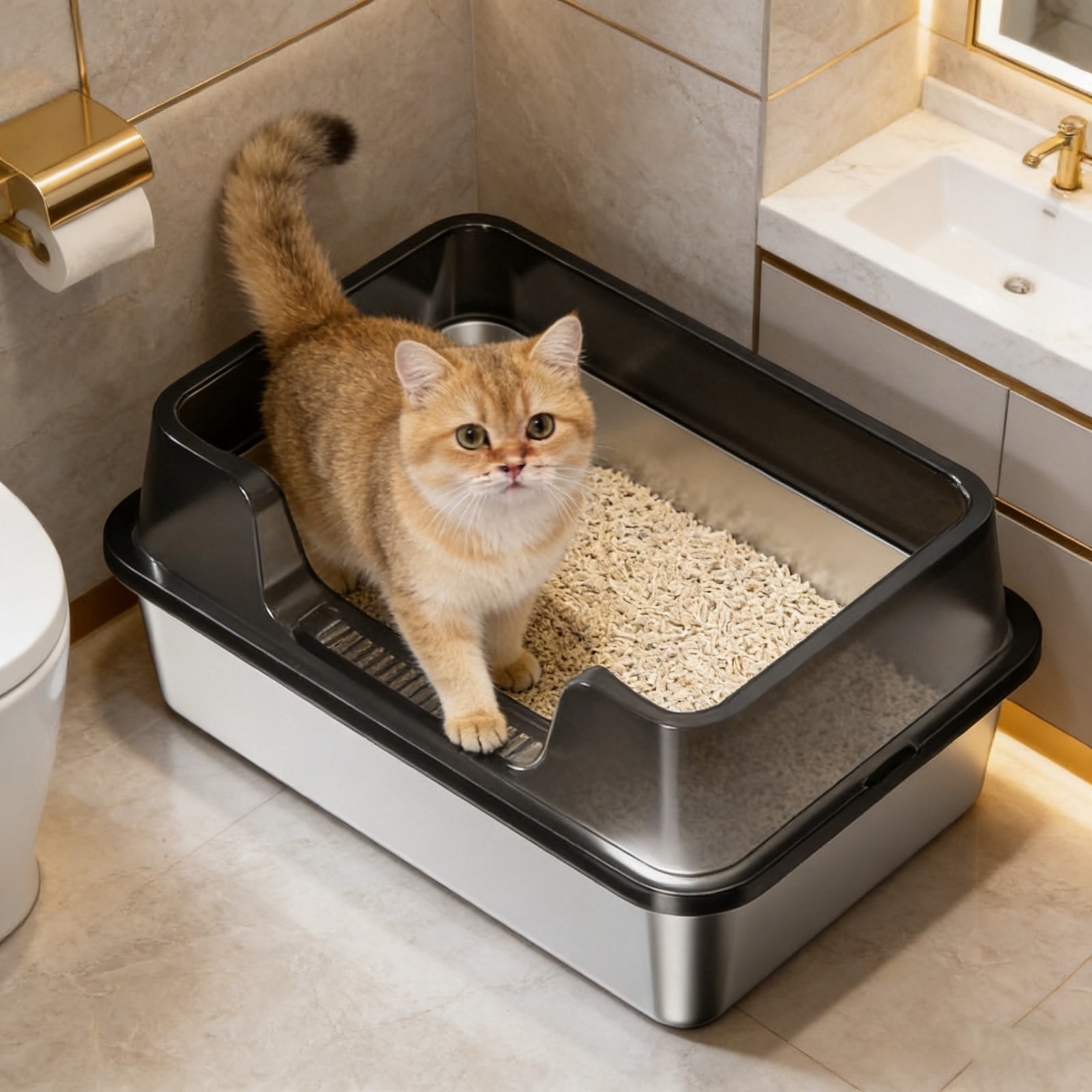 20 In Stainless Steel Litter Box,Extra Large Cat Litter Box,Litter Box Furniture,Enclosure Metal Cat Litter Pan With High Side,Non-Stick,Anti-Leakage, Easy Clean For Big And Multiple Cats