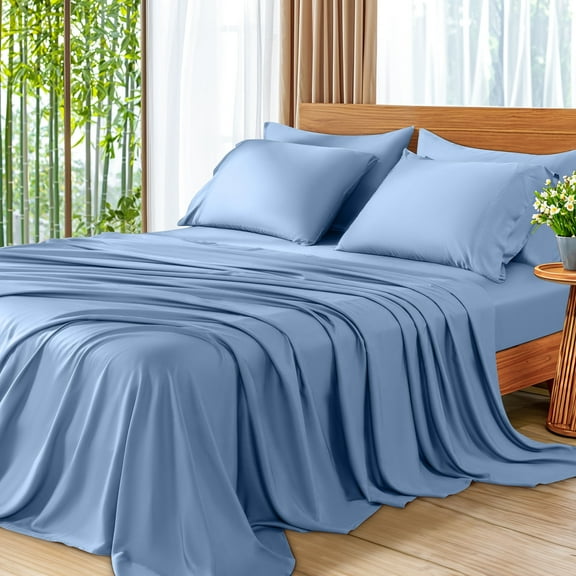 SONORO KATE 6 Pieces Bamboo Bed Sheets Set, Luxury Rayon Derived - Deep Pockets - Wrinkle Free - Extremely Soft, Queen, Lake Blue