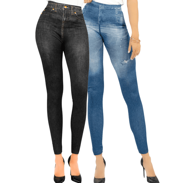 Pack de 2 Leggins Mujer Unitalla Mezclilla Faja Alta Estilo Pantalón Mezclilla Jegging Tiro Alto, Mallon licra Cómodos Elásticos