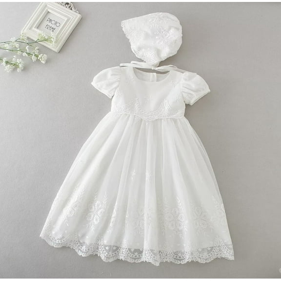 Baby Girls Baptism Dress Christening Gown with Bonnet Lace Design 6-12M
