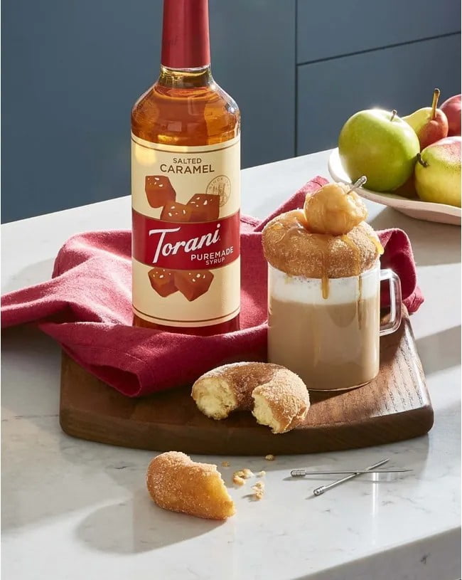 Torani Puremade Salted Caramel Flavouring Syrup, 25.4 fl oz (750ml) Glass Bottle with Absol Gold Pump