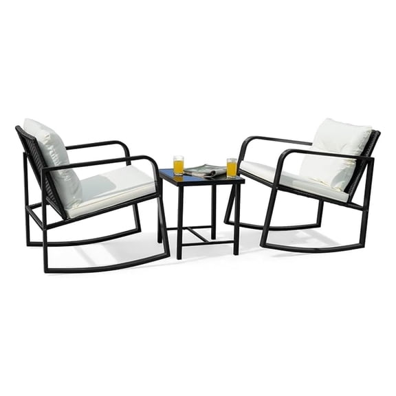 Patio Chairs 3 Piece Wicker Rocking Chair Outdoor Bistro Sets with Coffee Table and Cushions Metal Frame Patio Furniture for Porch, Balcony, Lawn (White)