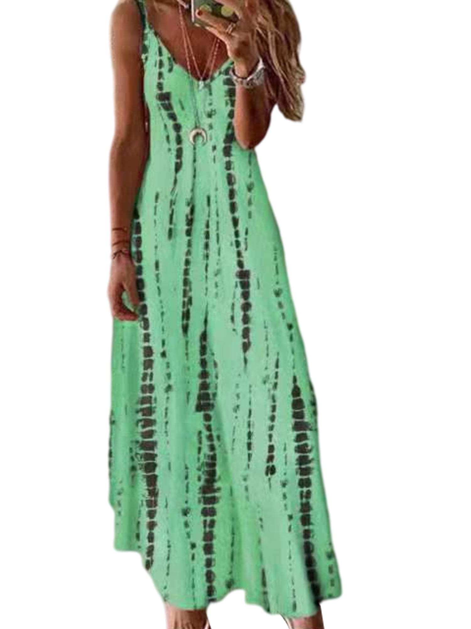 POTO Maxi Dress for Women Casual Summer Sleeveless Long Dress Tie Dye V-Neck Cami Dress Beach Tunic Tank Boho Sundress 