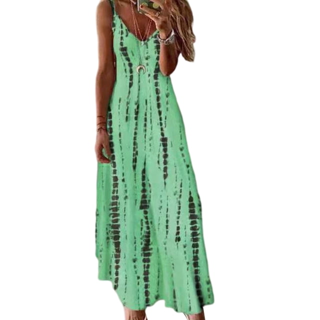 LUXUR Robe Longue Maxi pour Femmes à Col en V, d'Été, de Plage, Sans Manches, Combinaison, Style Bohème, Teinture sur Nœuds, Vert, G