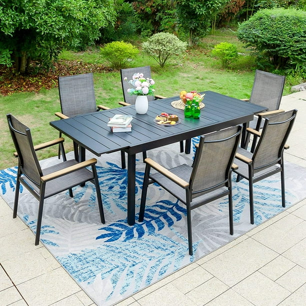 7 PCS Patio Dining Set with 6 Aluminum Sling Chair (Wooden Armrest) and
