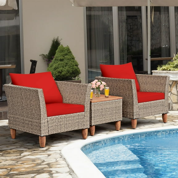 Costway 3PCS Patio Rattan Bistro Furniture Set Wood Table Top Cushion Sofa Red