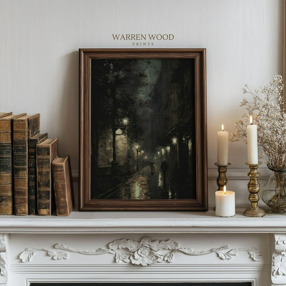 Moody Rainy City Night Print, Gloomy Wet Sidewalk Streetlights, Rustic Noir Urban, Shadow Night Wall Art, Dark City Artwork Home Decor #1335, Unframed Poster Size 8x12
