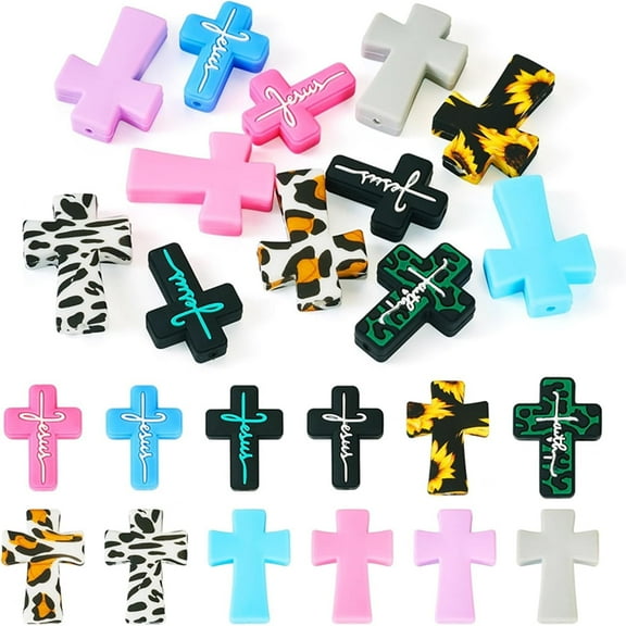 12Pcs Cross Silicone Focal Beads for Pens Leopard Cross Shaped Beads Characters Jesus Silicone Rubber Beads for Beaded Pen Keychain Making