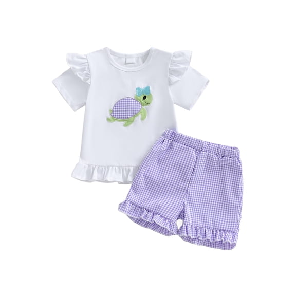 BemeyourBBs Toddler Baby Girl Summer Clothes Turtle Outfits Cute Turtle Embroidered Short Sleeve T Shirt Tops Elastic Waist Ruffle Plaid Shorts 2Pcs Clothes Set