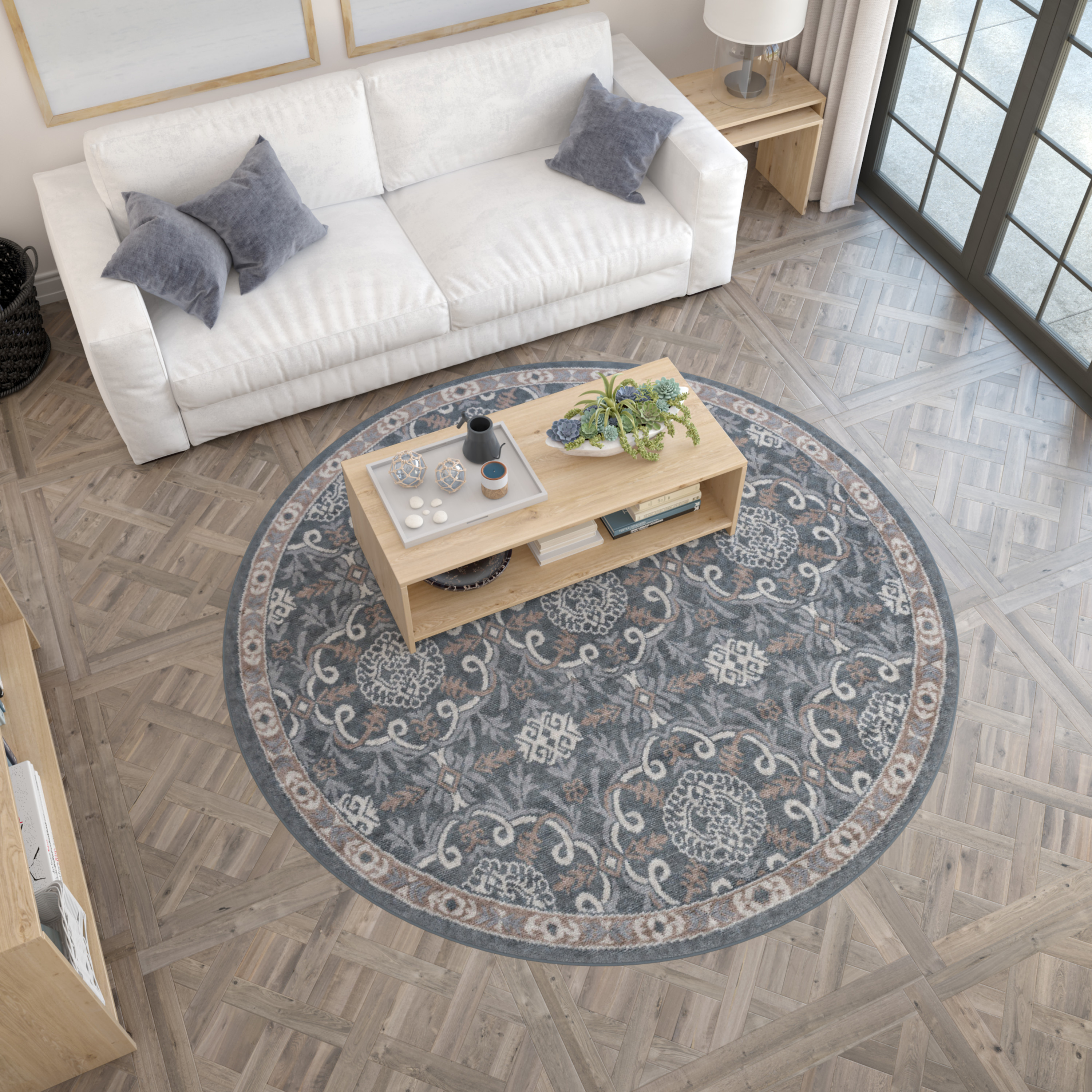 Hampton Traditional 8' Round Gray and Beige Polypropylene Indoor Area Rug