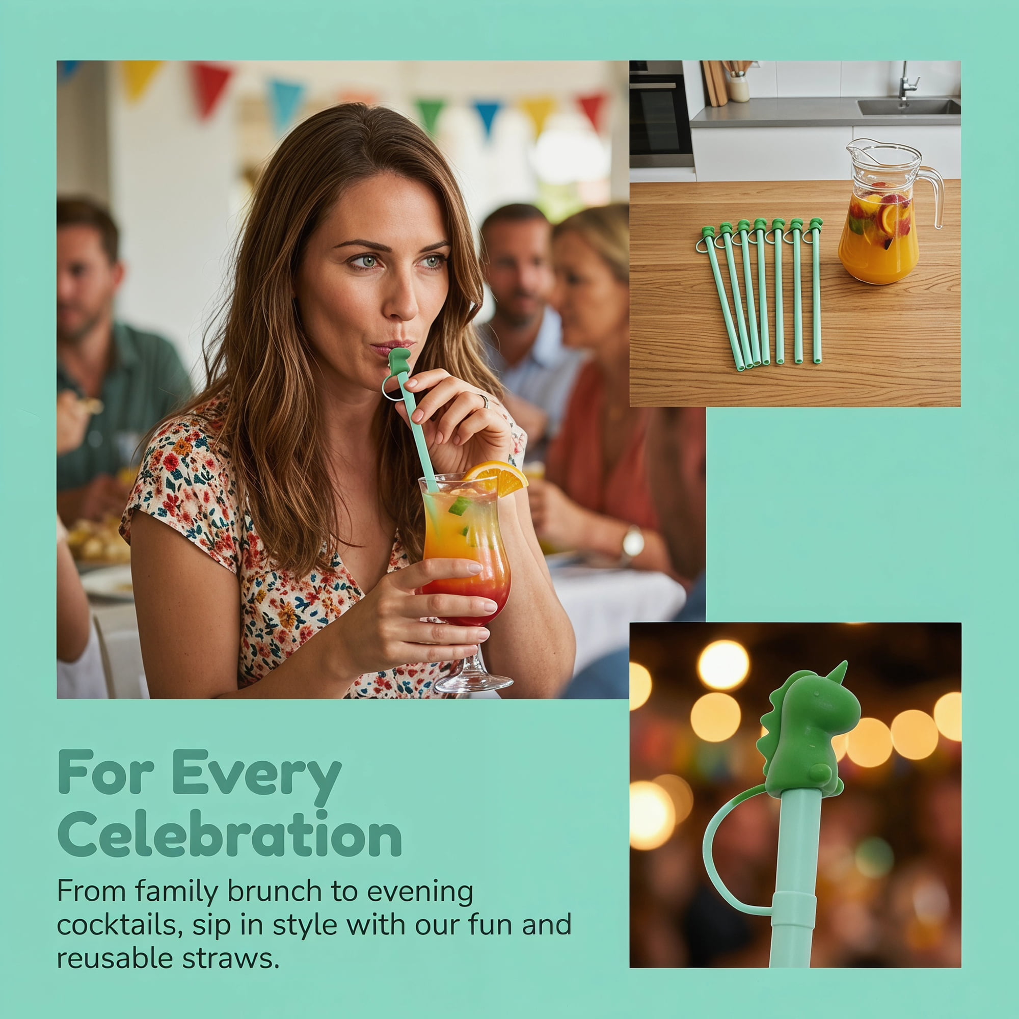 Unique Bargains 6Pcs Reusable Durable Dishwasher Safe Silicone Straws Green A