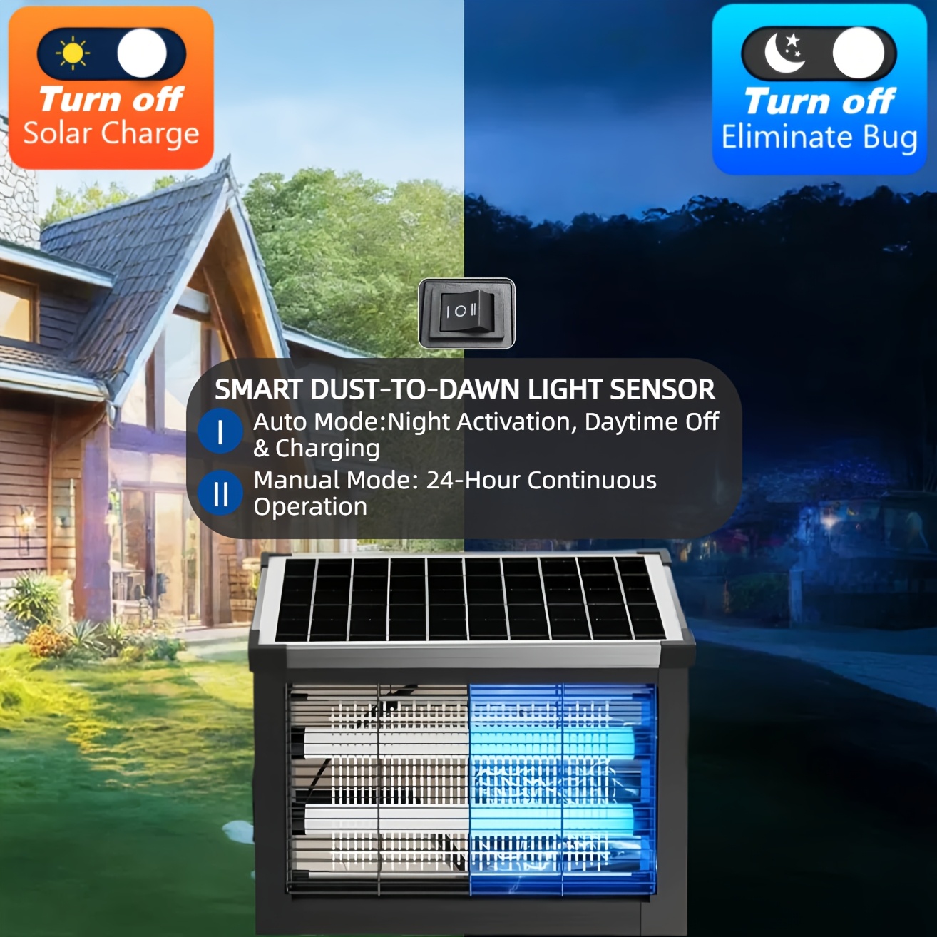 4500V Solar Mosquito Zapper - 4000mAh Battery, IP56 Waterproof, Metal Shell - 3 Placement Options & 2 Modes for Garden/Patio - Fast Shipping