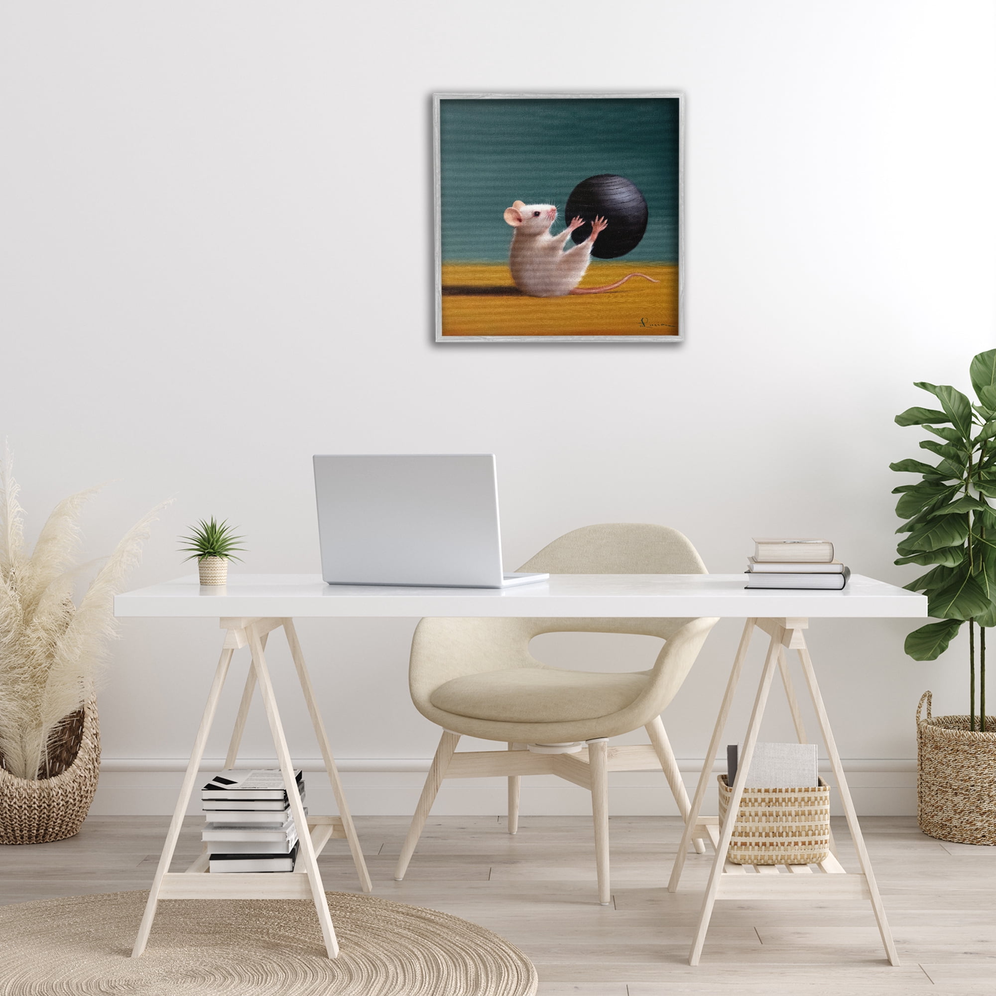 Stupell Industries Mouse with Exercise Ball Animals & Insects Painting Gray Framed Art Print Wall Art, 24 x 24