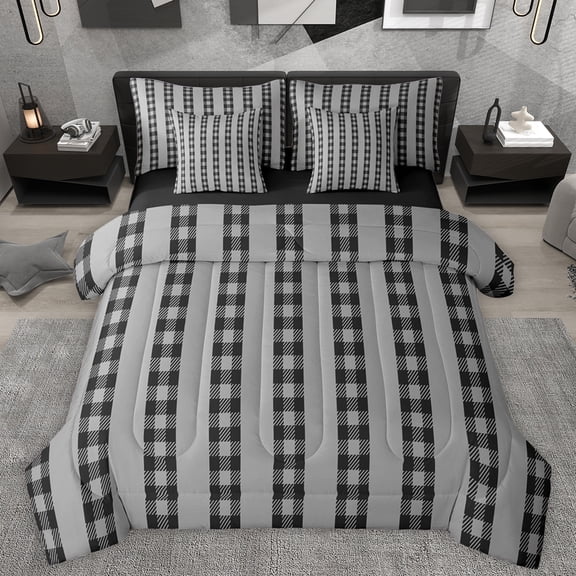 Manfei Chic Abstract Ombre Twin Bedding Sets 7-Piece for Kids, Vintage Checkered Square Bedding Comforter Set, Dimgrey Buffalo Plaid Reversible Sheet Sets, Lightweight Room Decor