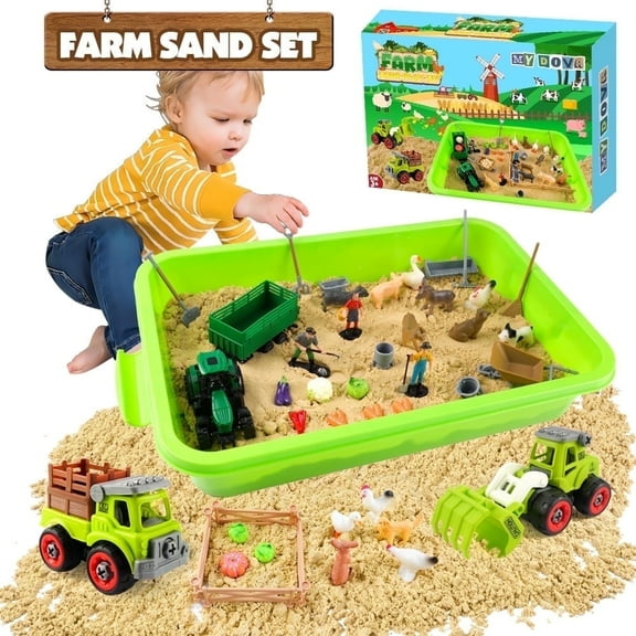 MYDOVA Farm Sensory Bin Toys Playset, Sandboxes with Sand, Farmer Tractor & Farm Animals Figures Toys for Kids 3 4 5, Gifts for 6 7 Years Old Boys Girls Toddlers