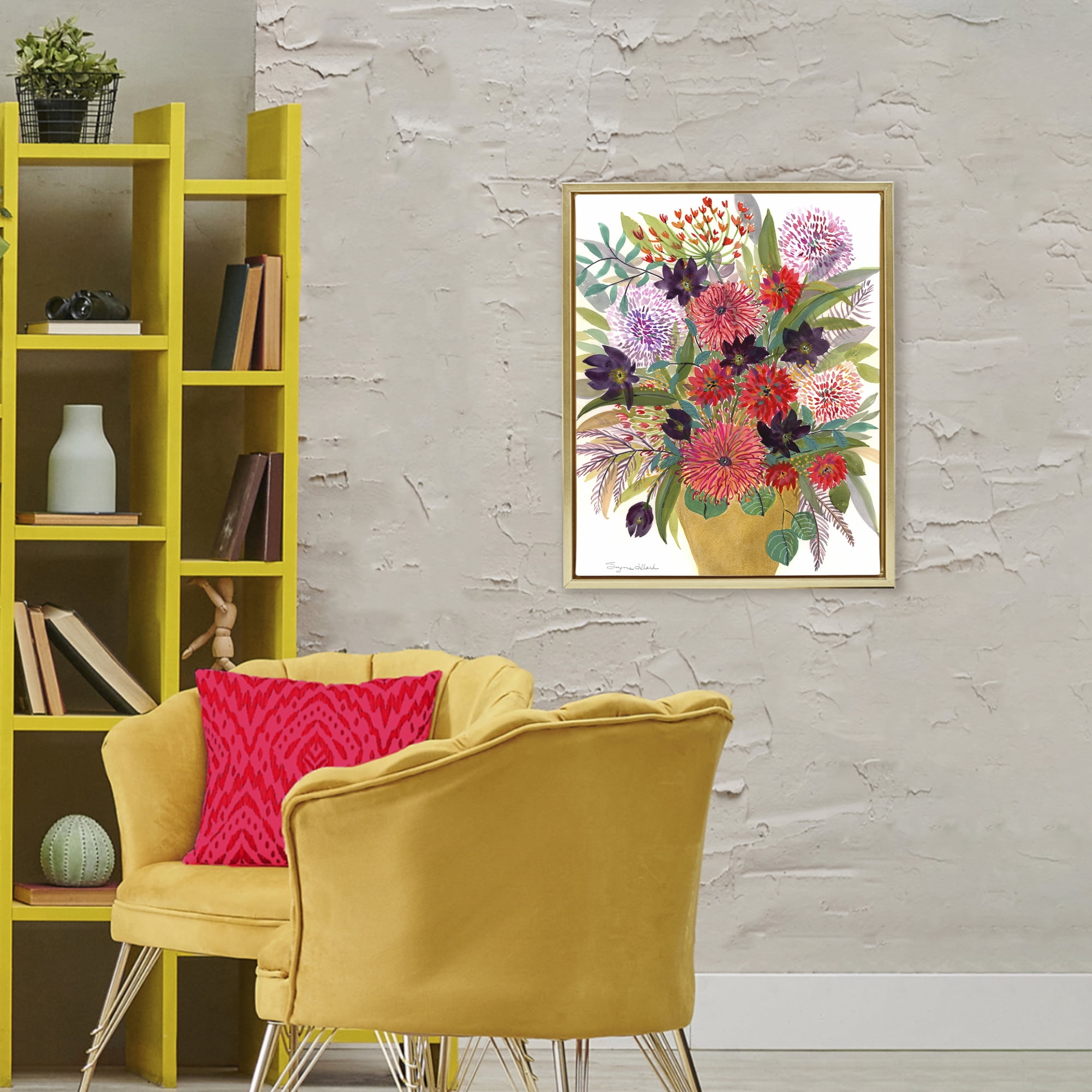 Stupell Industries Celebration Flower Bouquet Gold Framed Floater Canvas Wall Art, design by Suzanne Allard