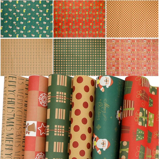 6 Sheets Christmas Wrapping Paper Set with Canes Tree Socks Snowflakes