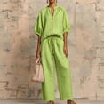 thumbnail image 4 of Casual 2 PC Sets for Women Lounge Fall 3/4 Sleeve Zip Up Shirts Wide Leg Loose Pants Going Out Outfits Green 2XL, 4 of 8