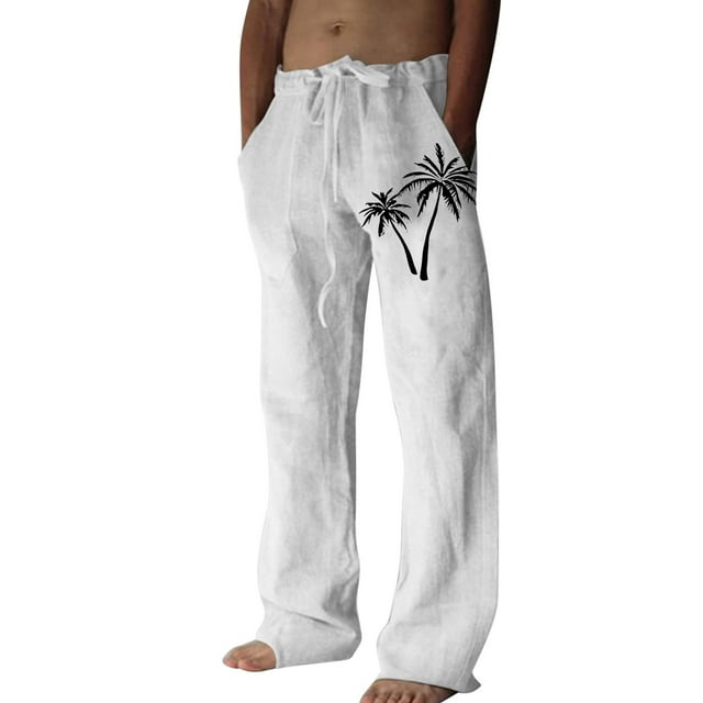 WEAIXIMIUNG Pantalon Noir Homme Formel Décontracté en Lin Imprimé avec Poches et Lacets Grande Taille