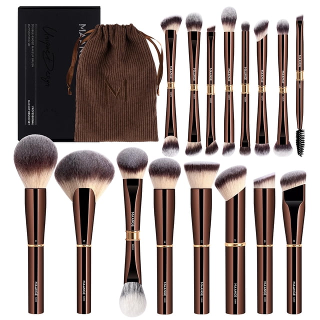 Set de brochas de maquillaje MAANGE, 16 unidades, con bolsa y caja de regalo, color café y marrón