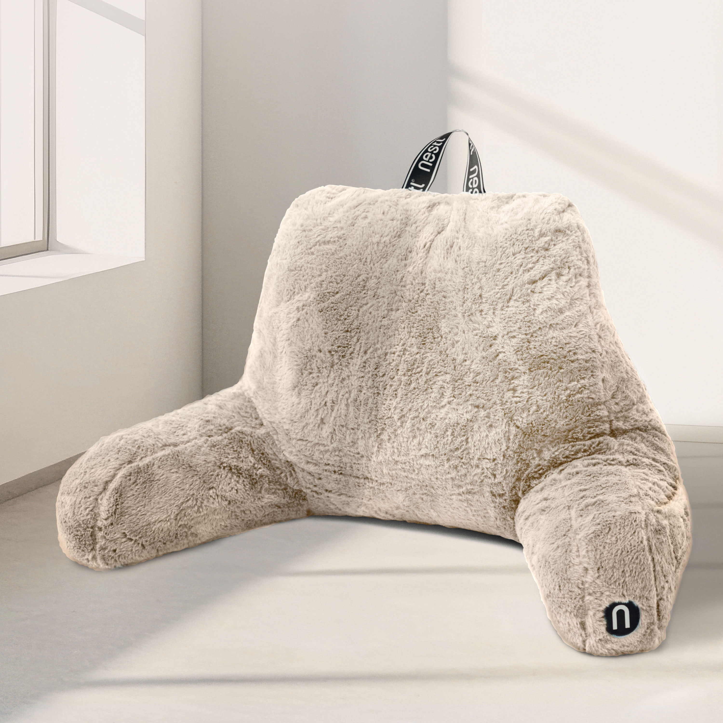 Nestl Fur Reading Pillow with Lap Desk, Stylish Arm Rest Pillow, Lap Desk with Backrest Pillow for Sitting in Bed, Faux Fur, Linen