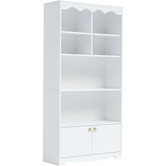 GAOMON Bookcases, White, 31.5"W x 12"D x 63"H, 5-Tier Bookcase with Cabinet, Modern Waveform Display Storage Shelf, Wood Bookshelf for Living Room, Office