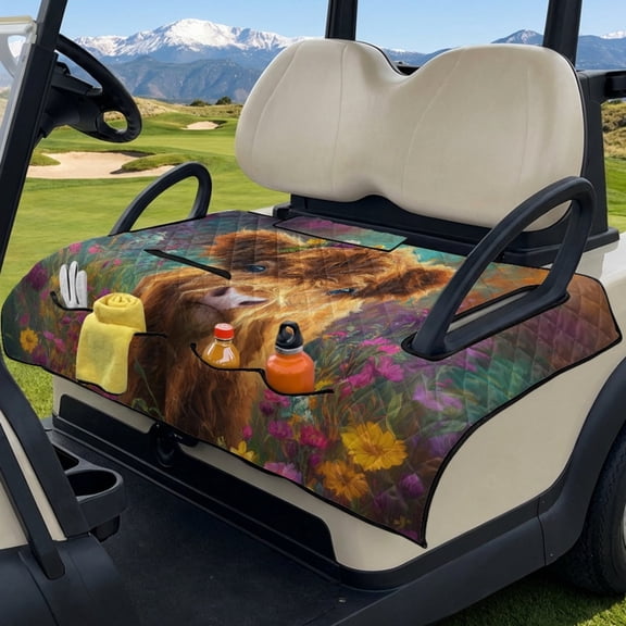 COEQINE Quilted Golf Cart Seat Cover, Folds Like a Bag with Handle for Easy Carry, Universal Fit 51.2"x30.3" for EZGO Yamaha Club Car 2-Seaters, 4 Pockets, Highland Cow Floral Colorful